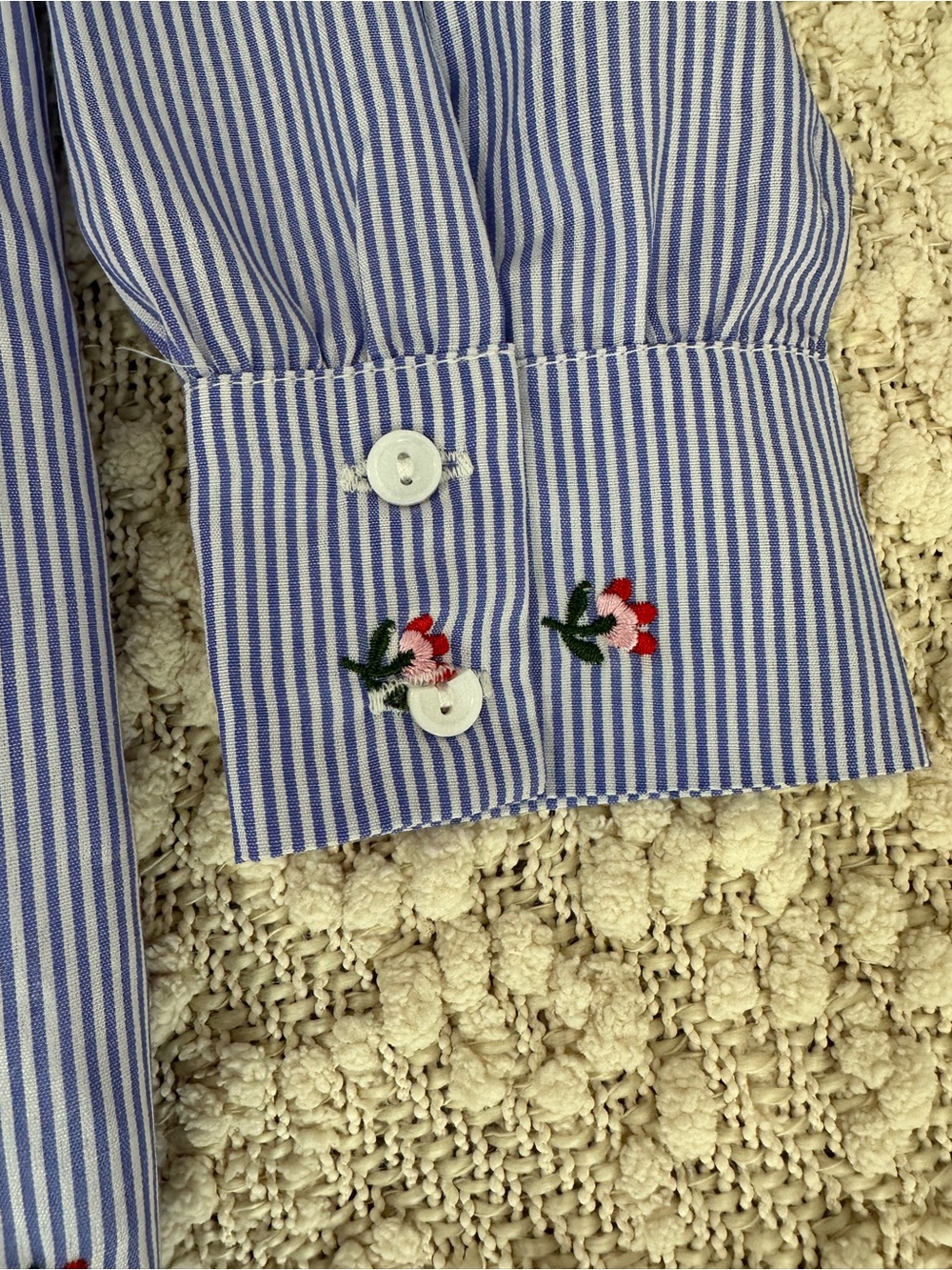 English Factory Floral Embroidered Blue Striped Ruffle Shirt Dress Small S - Picture 6 of 7